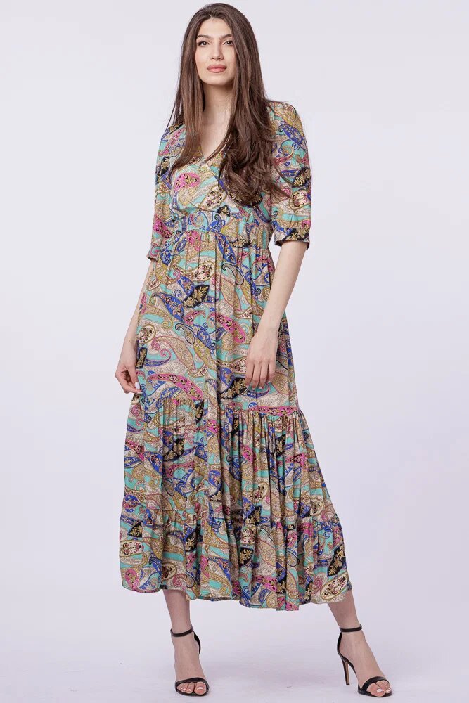 Flex Moda Rochie lunga din matase indiana cu bust petrecut imprimeu paisley si elemente aurii