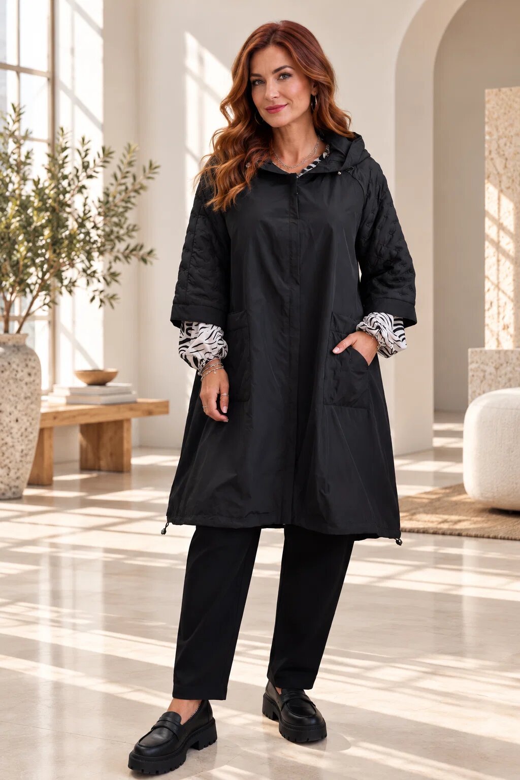 Fly Jacheta eleganta din fas cu croi A-line gluga si detalii matlasate neagra