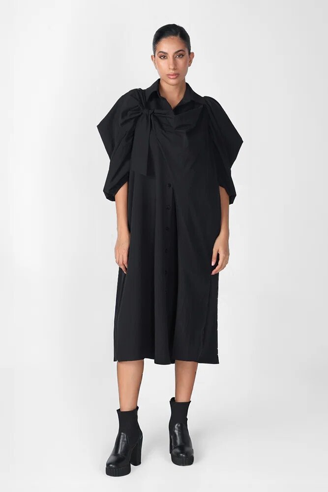 H-4 Rochie neagra oversize cu maneci bufante si ample