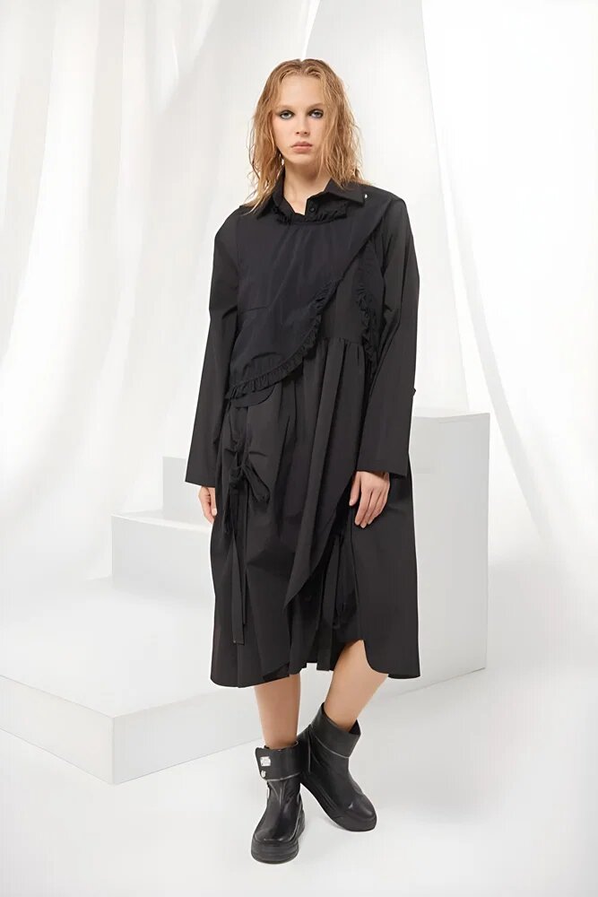 H-4 Set rochie neagra oversize cu guler tip camasa si vesta cu volanas