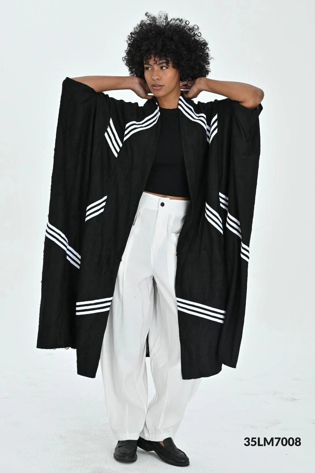 LES MIOS Blazer oversize negru dama cu dungi albe kimono lung statement