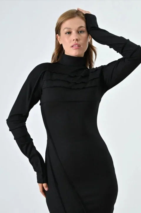 LES MIOS Rochie neagra midi mulata cu maneci lungi si guler inalt croiala eleganta