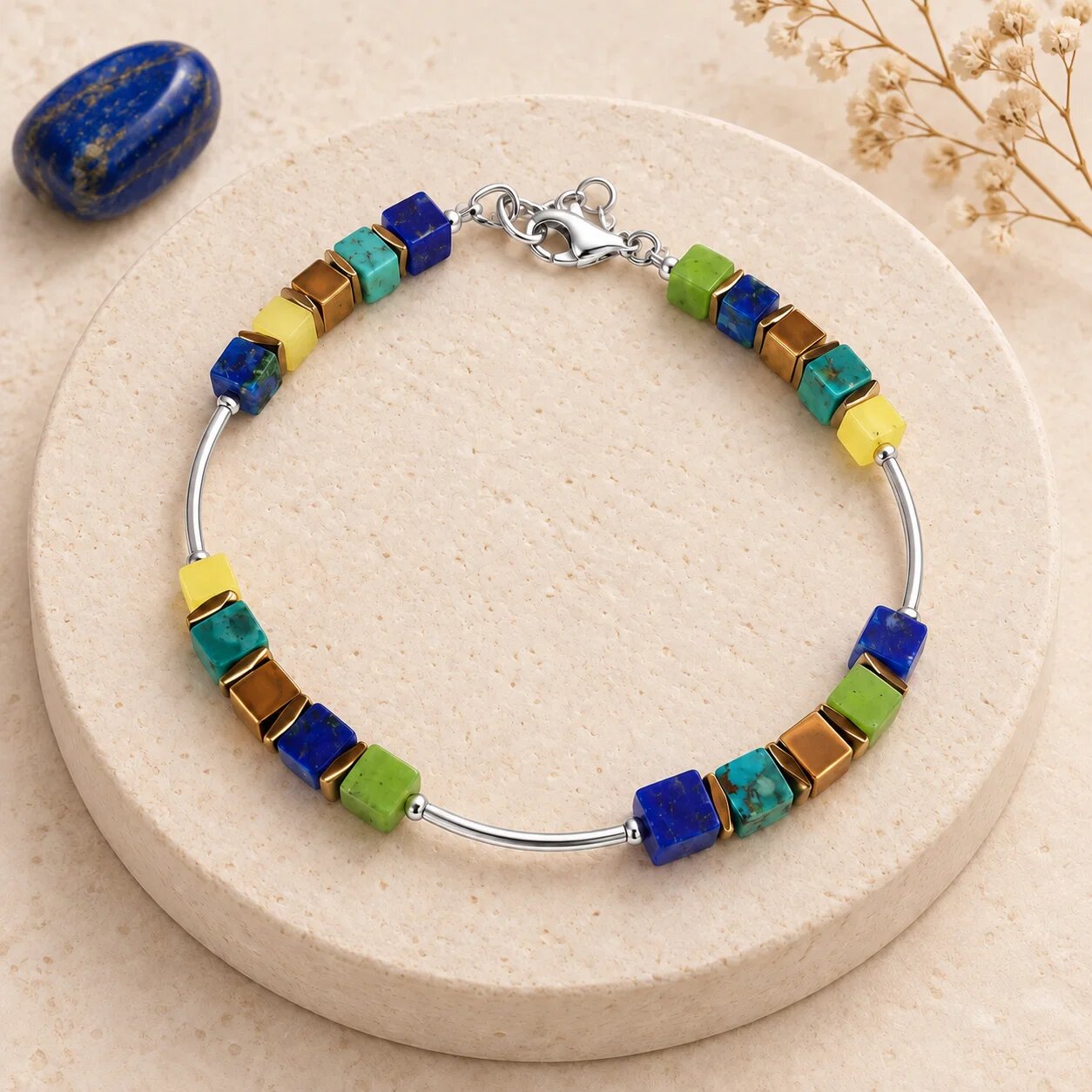 Maia Colt Bratara argint cu tuburi si serii de 5 cubulete din lapis lazuli malachit turcoaz serpentin si he