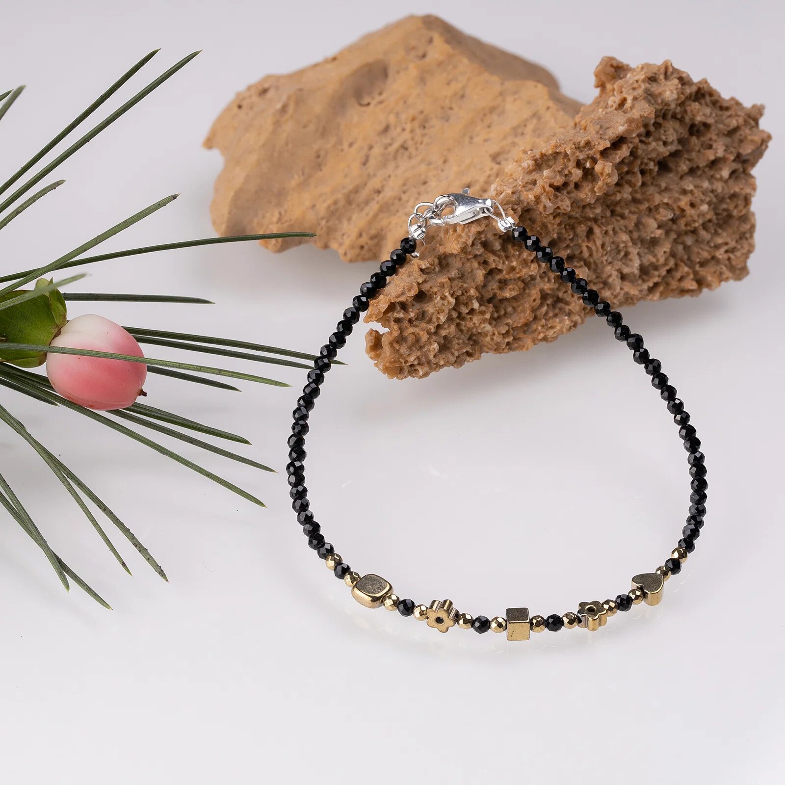 Maia Colt Bratara argint subtire negru-auriu din cubic zirconia si hematit