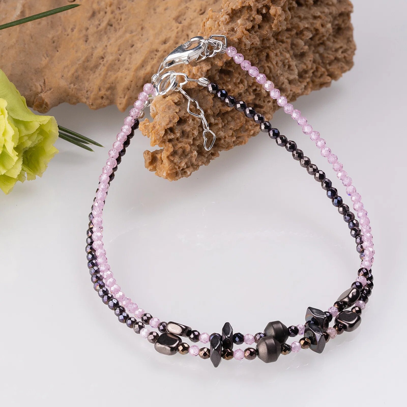 Maia Colt Bratari argint 2 in set din hematit cu tenta de maroniu si cubic zirconia roz deschis 1.5 mm