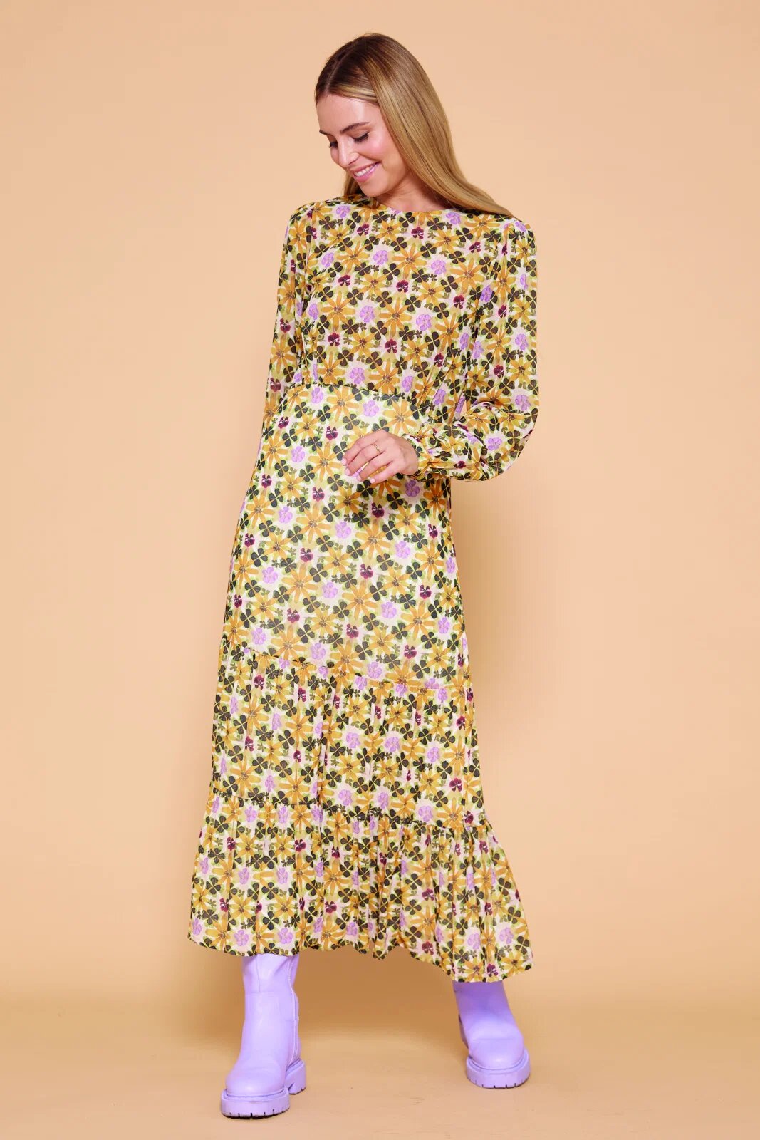 Md'M Rochie lunga cu imprimeu floral galben sofran-verde olive
