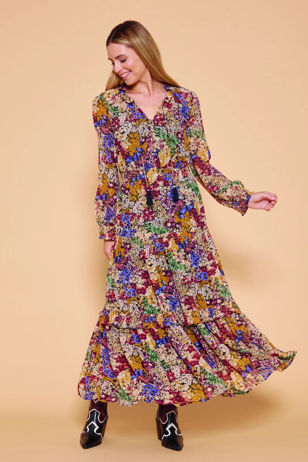 Md'M Rochie lunga cu volane si imprimeu floral in nuante de toamna