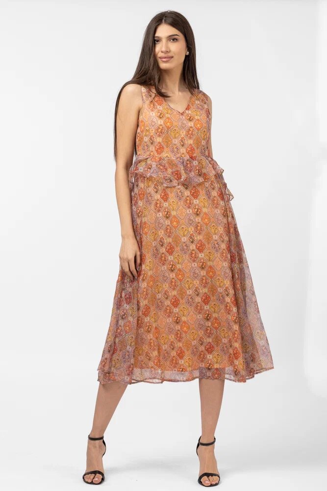 Md'M Rochie lunga diafana orange cu imprimeu oriental