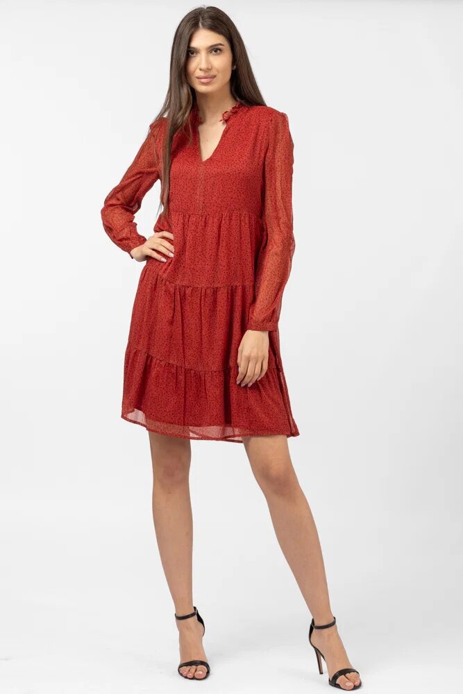 Md'M Rochie midi cu volane rosu-caramiziu si imprimeu floricele