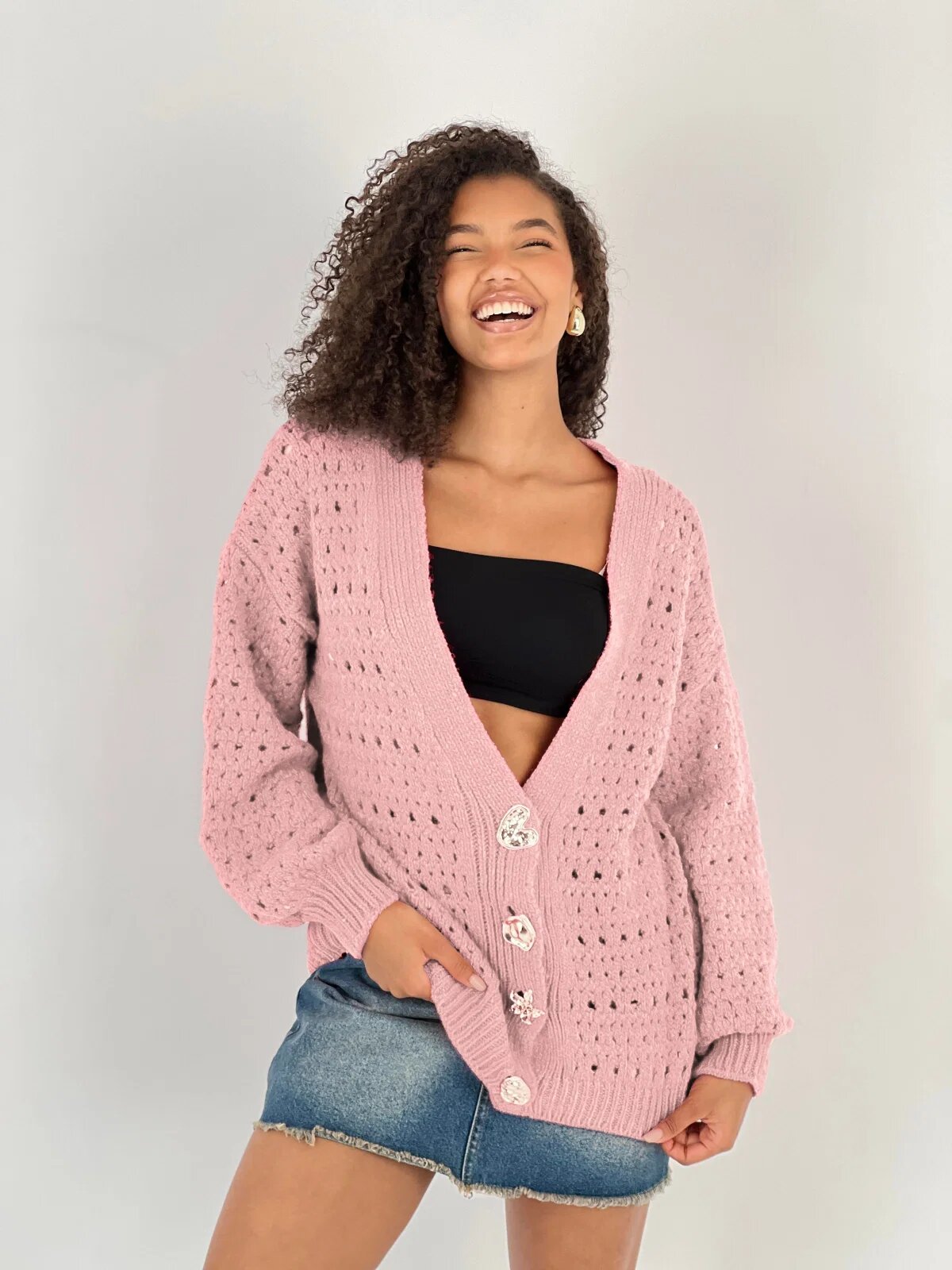 Miss Poem Cardigan cu decolteu in V din tricotaj roz cu nasturi decorativi aurii