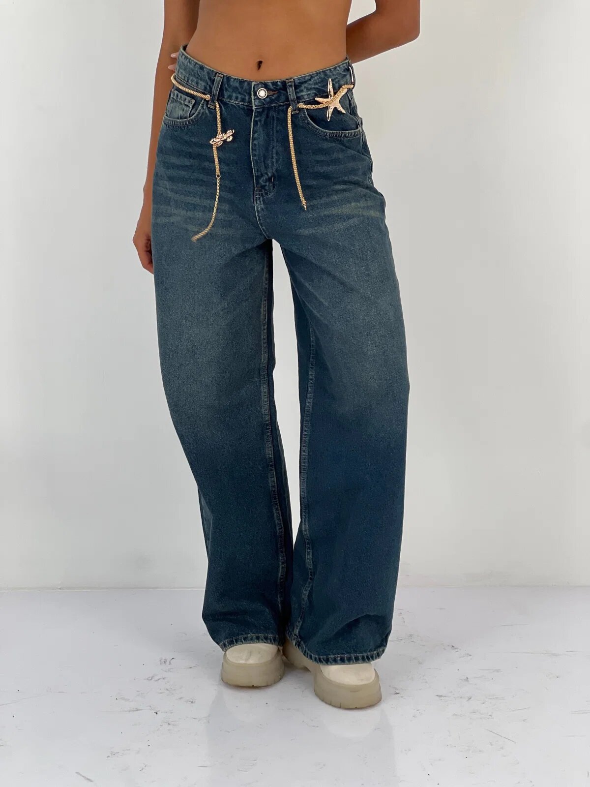 Miss Poem Pantaloni jeans denim croiala larga albastru