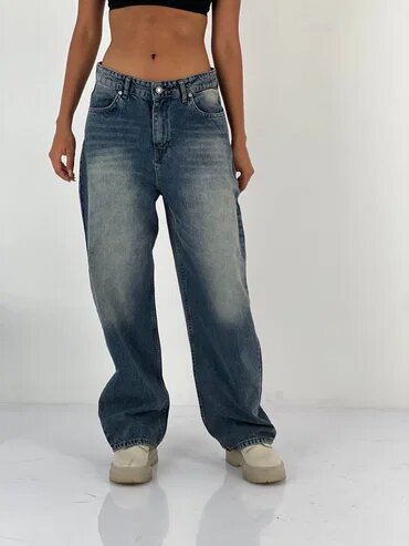 Miss Poem Pantaloni jeans denim croiala larga albastru prespalat