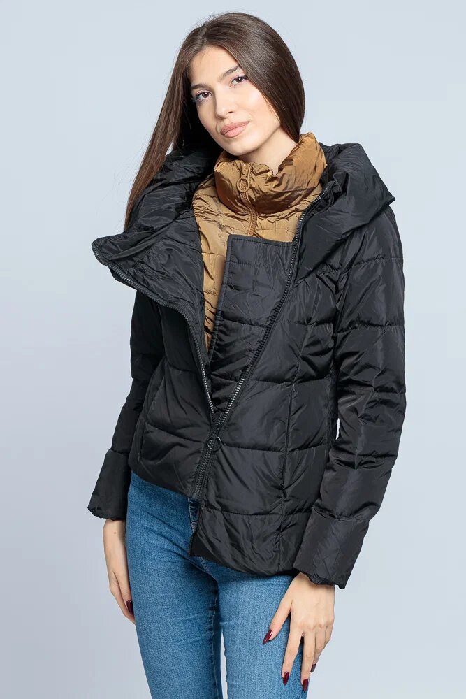 My Dress Geaca eleganta de puf cu guler dublu amplu negru-camel