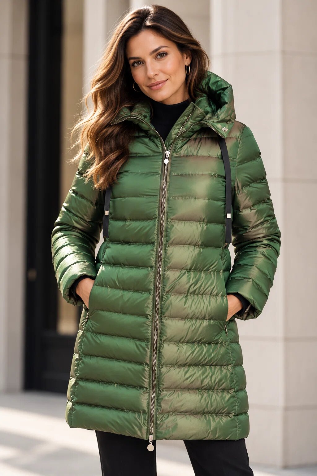 My Dress Geaca midi cu umplutura din puf de gasca verde metalizat