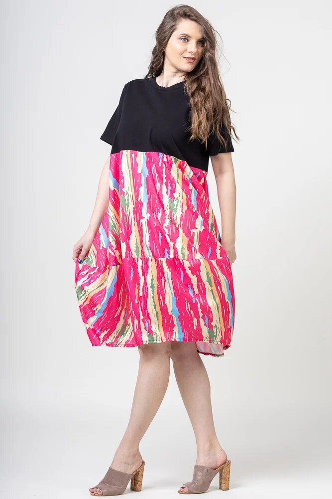 My Pepper Rochie lalea cu bust negru si imprimeu predominant fucsia