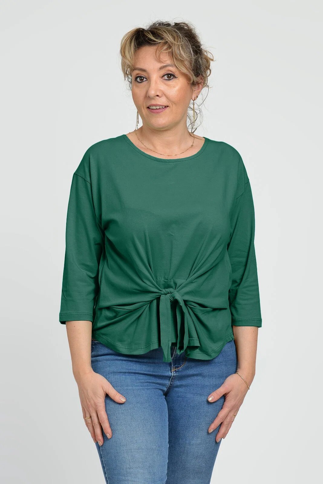 Pierino Bluza casual din bumbac ajustabila in fata cu maneca 3 4 verde inchis