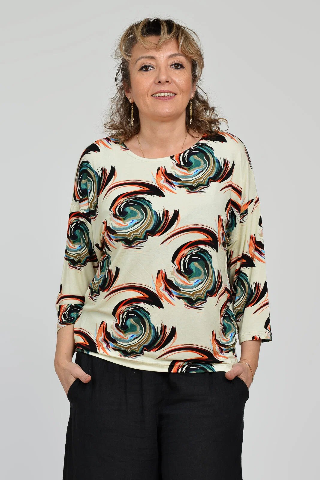 Pierino Bluza casual imprimeu circular pe fond bej si maneca 3 4