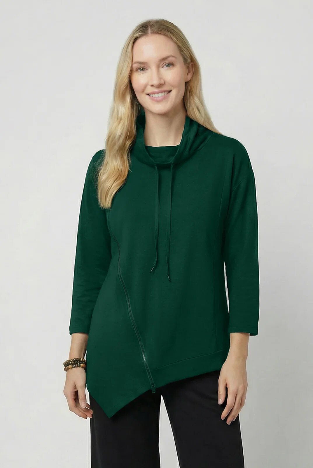 Pierino Bluza tunica cu colt din vascoza cu guler inalt fermoar oblic si croi asimetric verde