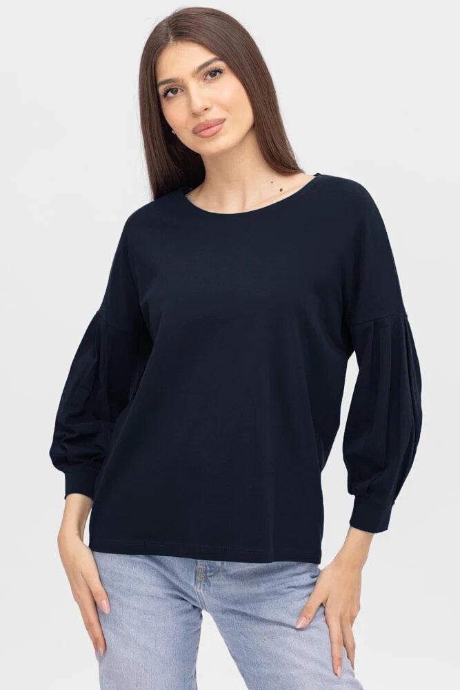 Pierino Bluza uni cu maneca bufanta din tricot de bumbac bleumarin