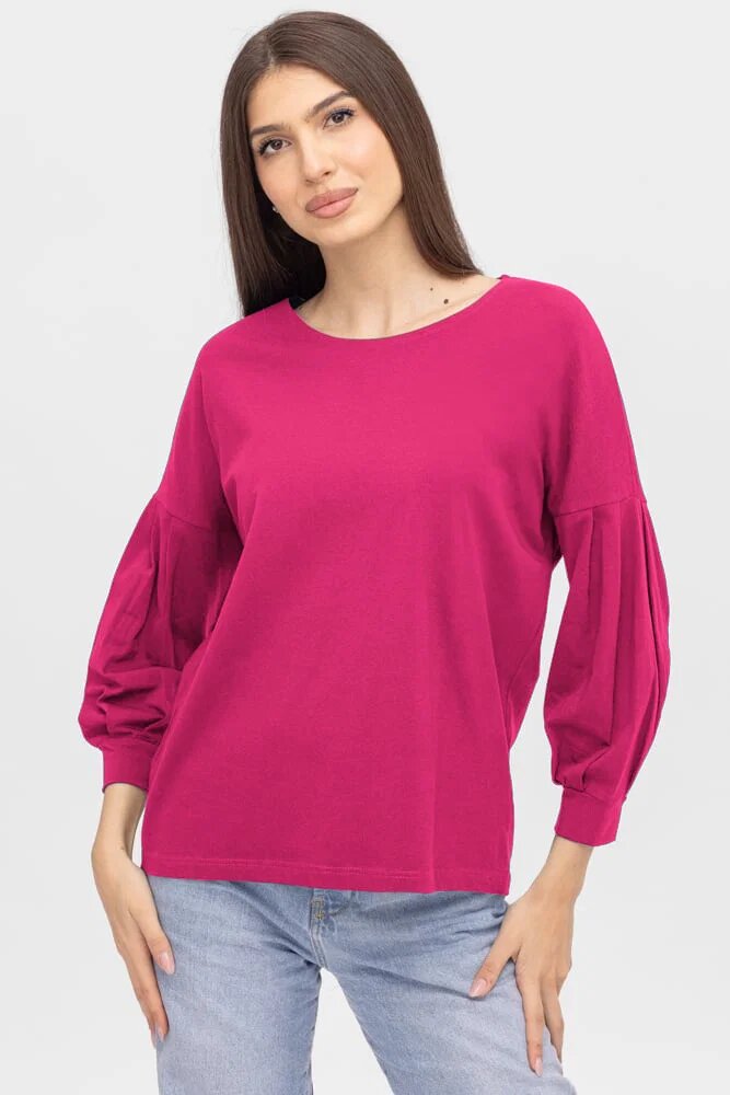 Pierino Bluza uni cu maneca bufanta din tricot de bumbac fucsia