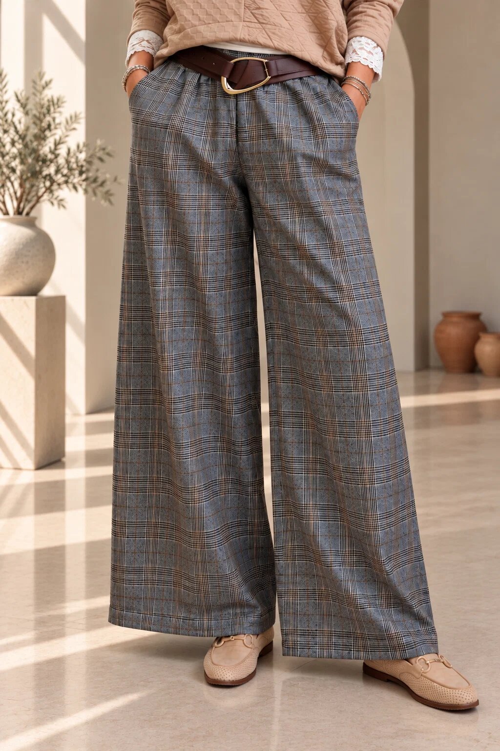 Pierino Pantaloni palazzo eleganti din stofa fina cu pliuri si imprimeu in carouri Prince of Wales gri