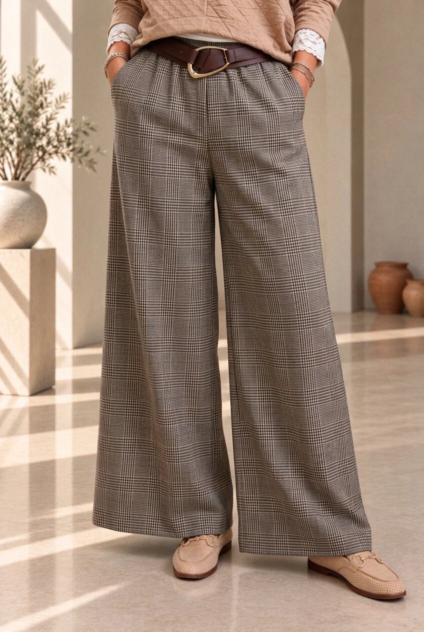 Pierino Pantaloni palazzo eleganti din stofa fina cu pliuri si imprimeu in carouri Prince of Wales maro