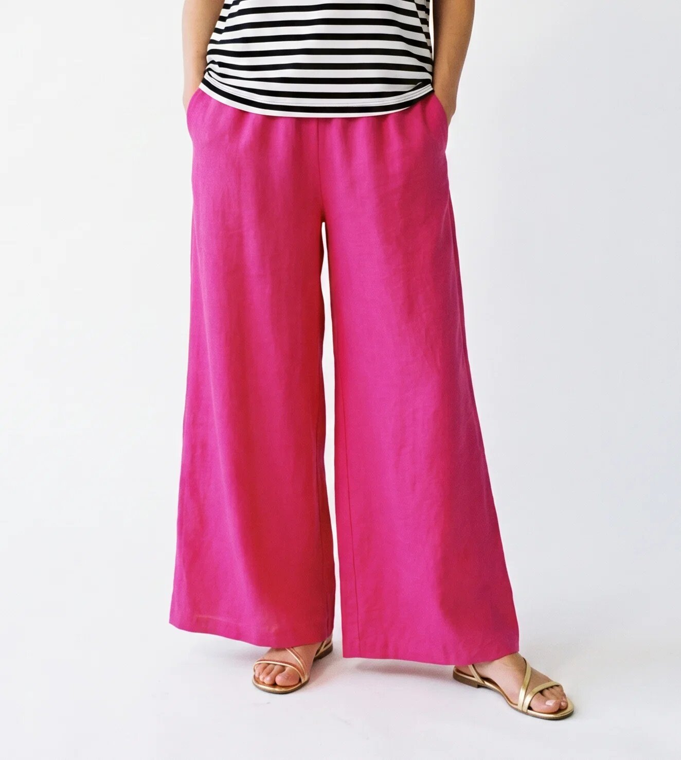 Pierino Pantaloni palazzo foarte largi cu talie elastica din in mercerizat fucsia