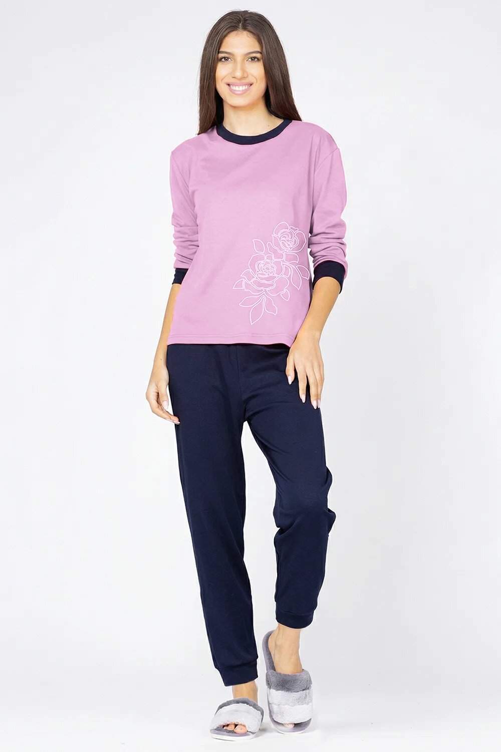Pierino Pijama din tricot de bumbac doua piese cu floare lila - bleumarin