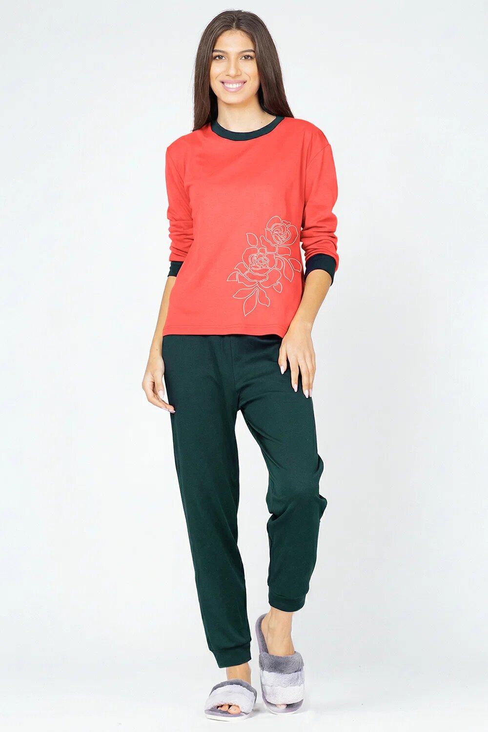 Pierino Pijama din tricot de bumbac doua piese cu floare rosu - bleumarin