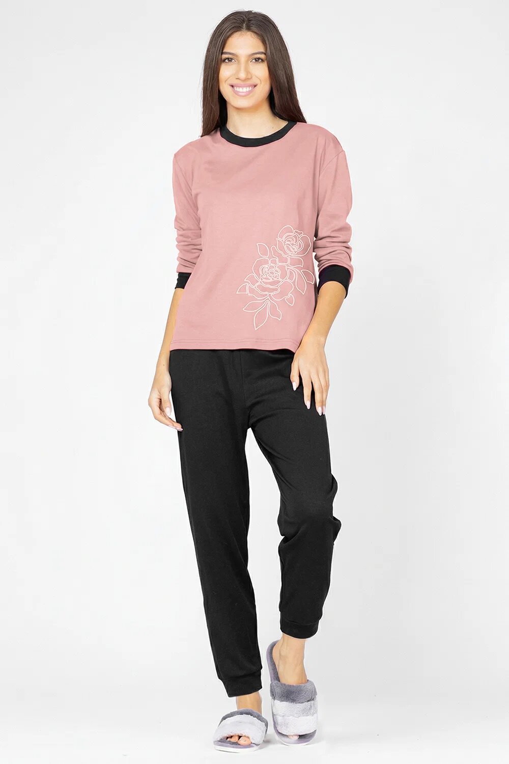 Pierino Pijama din tricot de bumbac doua piese cu floare roz prafuit - negru