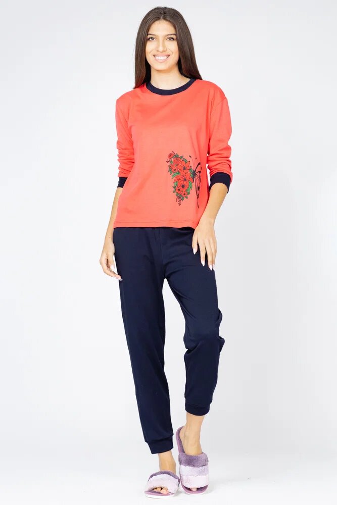 Pierino Pijama din tricot plinde bumbacdoua piese cu fluture corai - negru