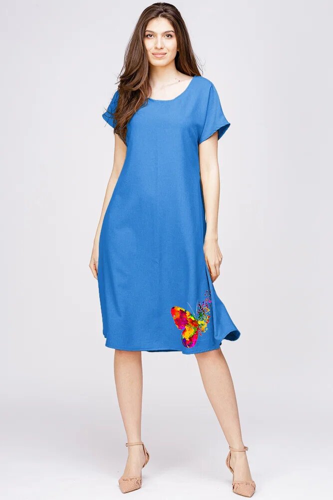 Pierino Rochie A line din in mercerizat si vascoza albastra cu imprimeu fluture stilizat