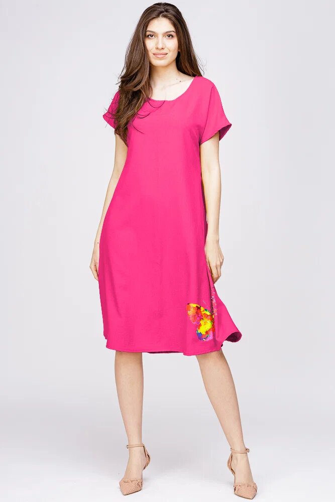 Pierino Rochie A line din in mercerizat si vascoza fucsia cu imprimeu fluture stilizat