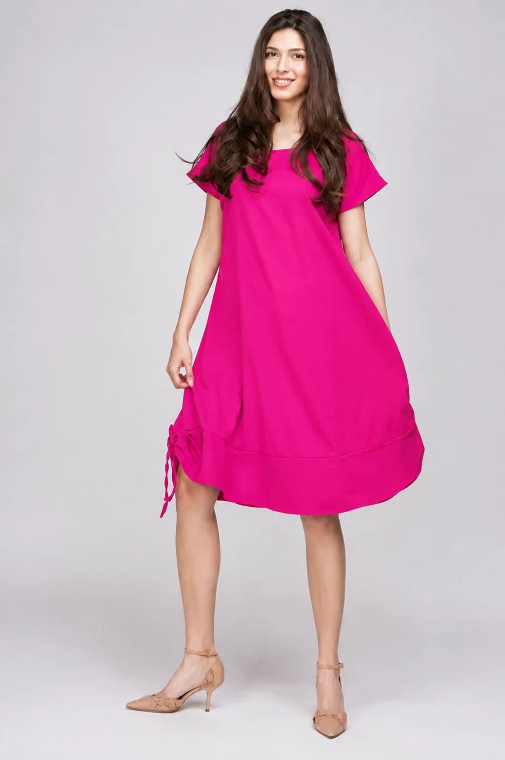 Pierino Rochie A line din in mercerizat si vascoza fucsia usor creponat cu sireturi laterale