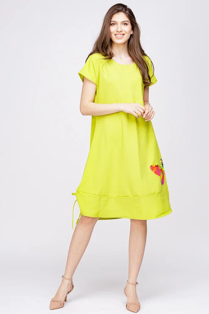 Pierino Rochie A line din in mercerizat si vascoza galben lime cu sireturi laterale si imprimeu fluture