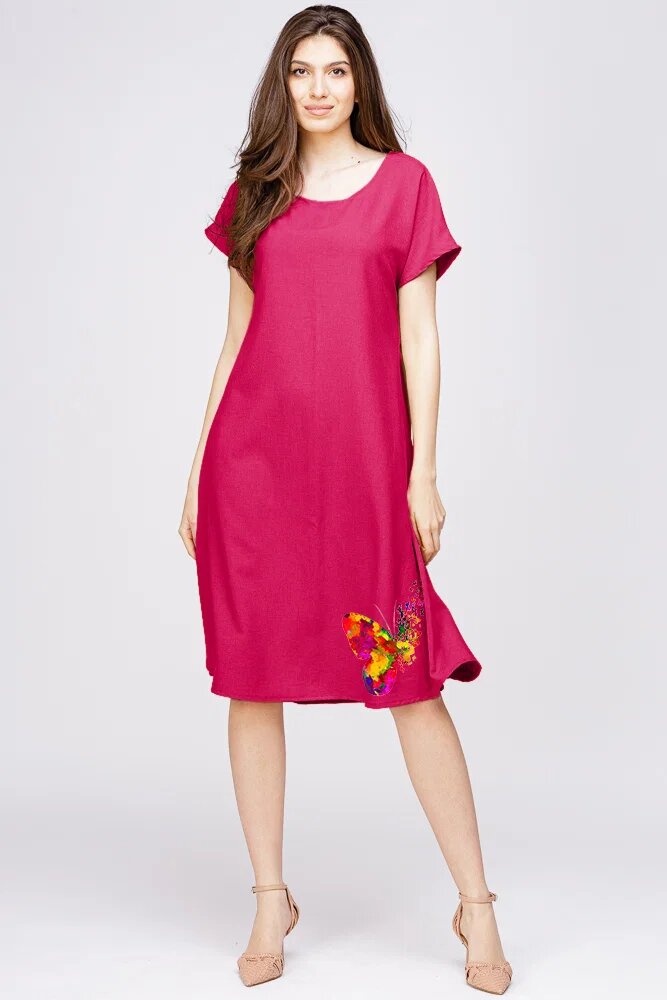 Pierino Rochie A line din in mercerizat si vascoza magenta cu imprimeu fluture stilizat