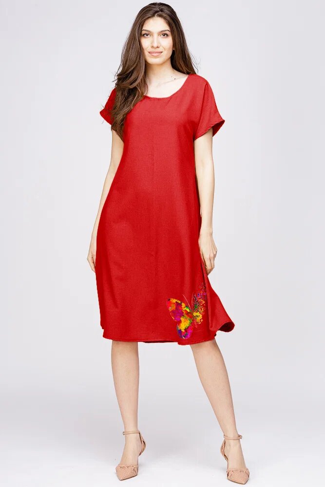 Pierino Rochie A line din in mercerizat si vascoza rosie cu imprimeu fluture stilizat