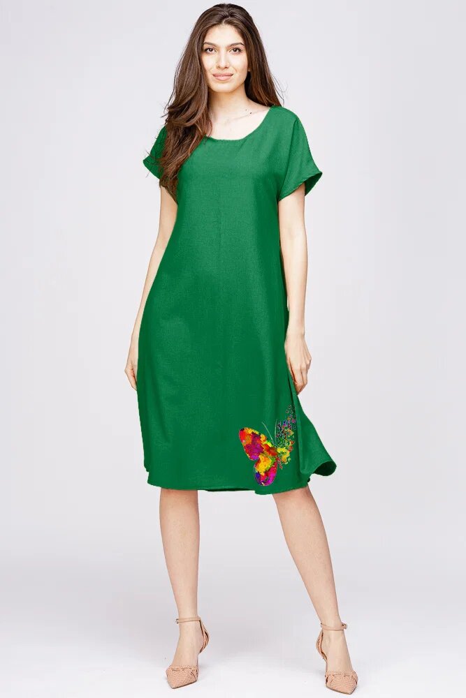 Pierino Rochie A line din in mercerizat si vascoza verde cu imprimeu fluture stilizat