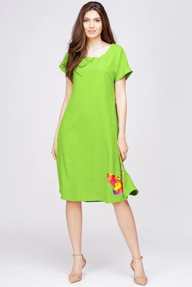Pierino Rochie A line din in mercerizat si vascoza verde lime cu imprimeu fluture stilizat