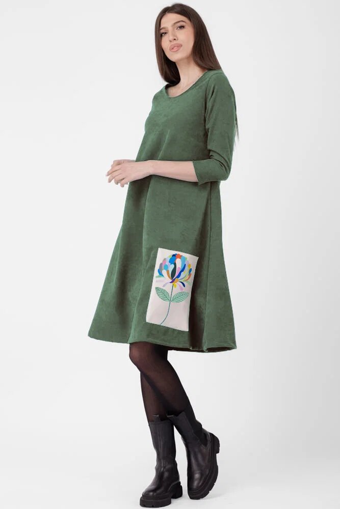 Pierino Rochie A line din material catifelat kaki cu aplicatie color