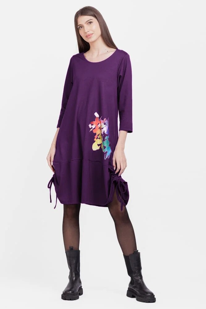 Pierino Rochie A line din tricot cu sireturi laterale mov cu imprimeu flori stilizate