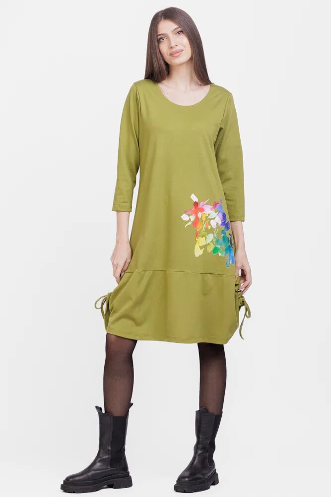 Pierino Rochie A line din tricot cu sireturi laterale verde olive cu imprimeu flori stilizate