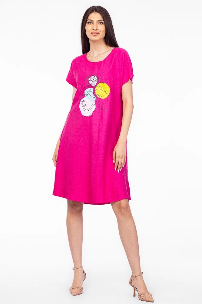 Pierino Rochie A line fucsia din in mercerizat si vascoza cu imprimeu grafic chip