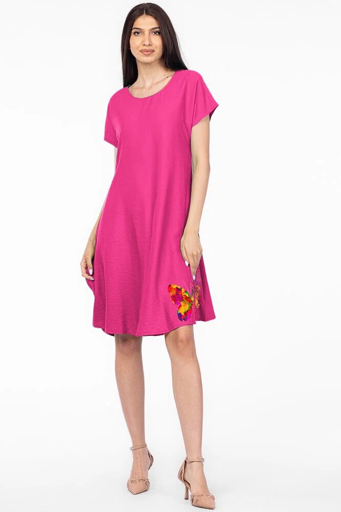 Pierino Rochie A line magenta din in mercerizat si vascoza usor creponat cu imprimeu fluture multicolor