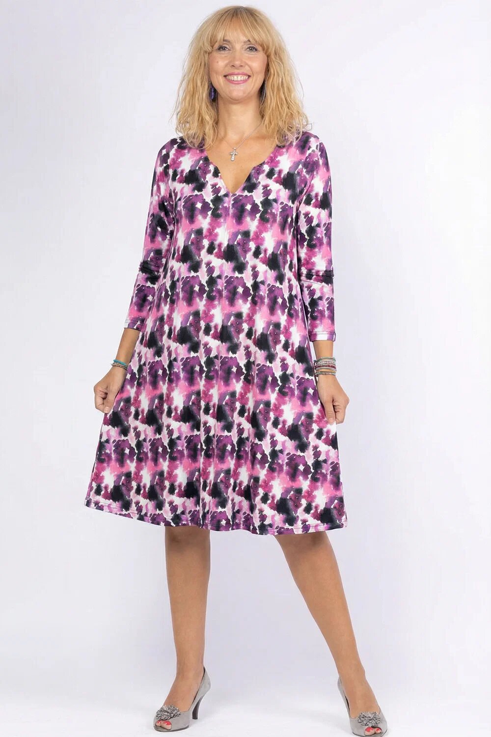 Pierino Rochie A line midi cu decolteu traditional si imprimeu mov si fucsia