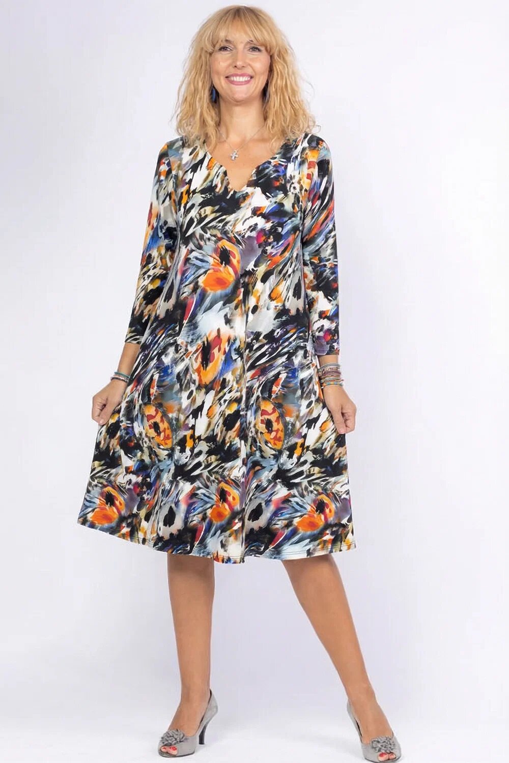 Pierino Rochie A line midi cu decolteu traditional si imprimeu pictural