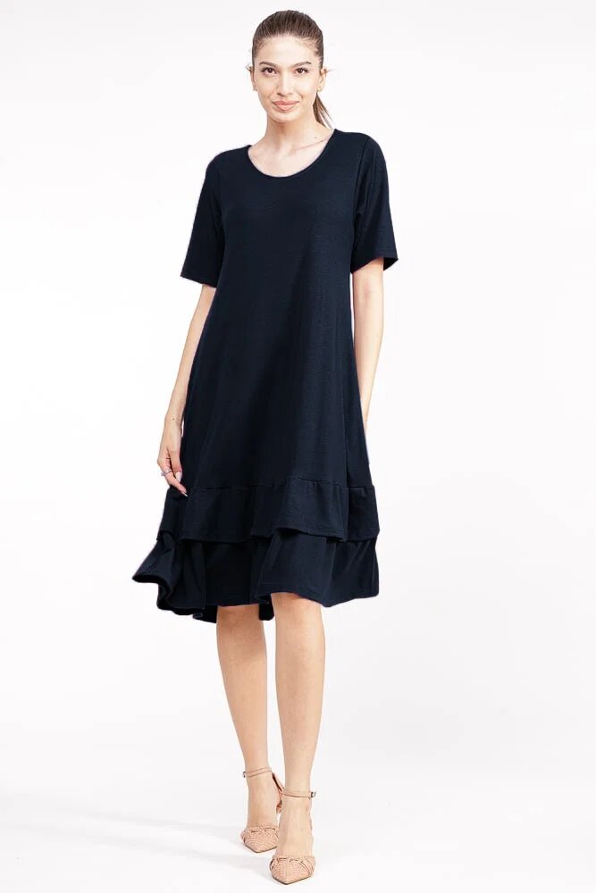 Pierino Rochie A line midi cu doua volane poale din bumbac bleumarin