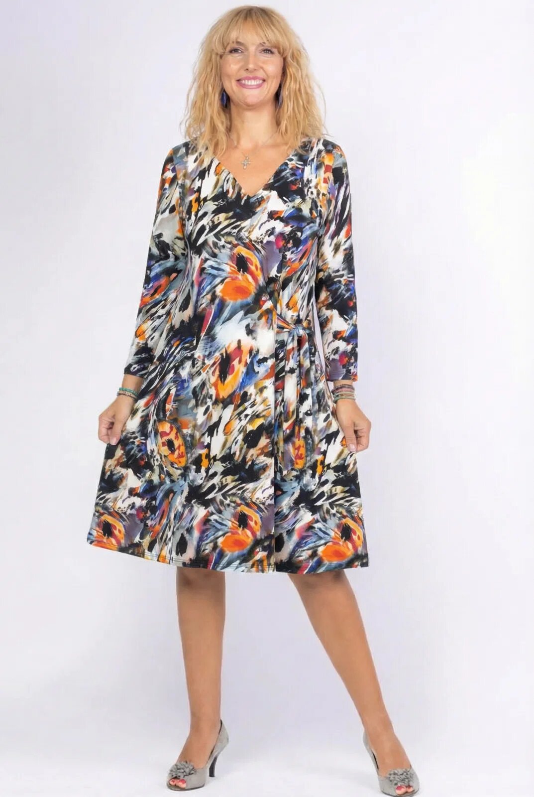 Pierino Rochie A line midi cu nod intr-o parte din vascoza cu imprimeu pictural