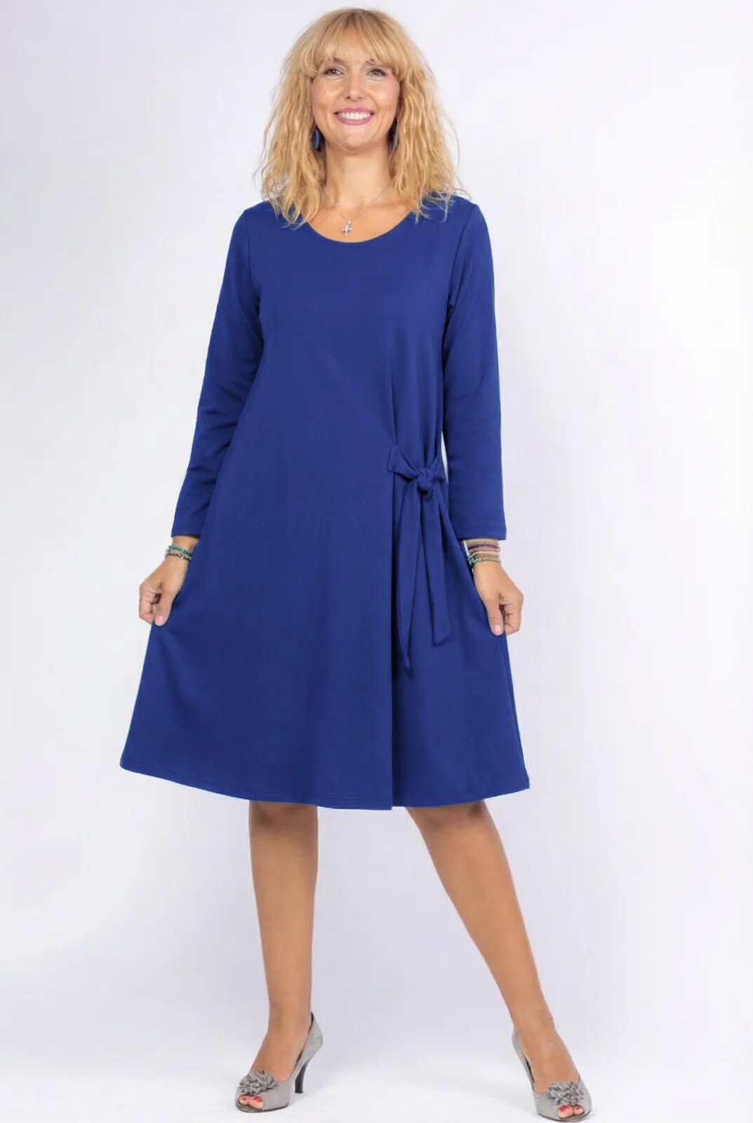 Pierino Rochie A line midi cu nod intr-o parte din vascoza moale albastra