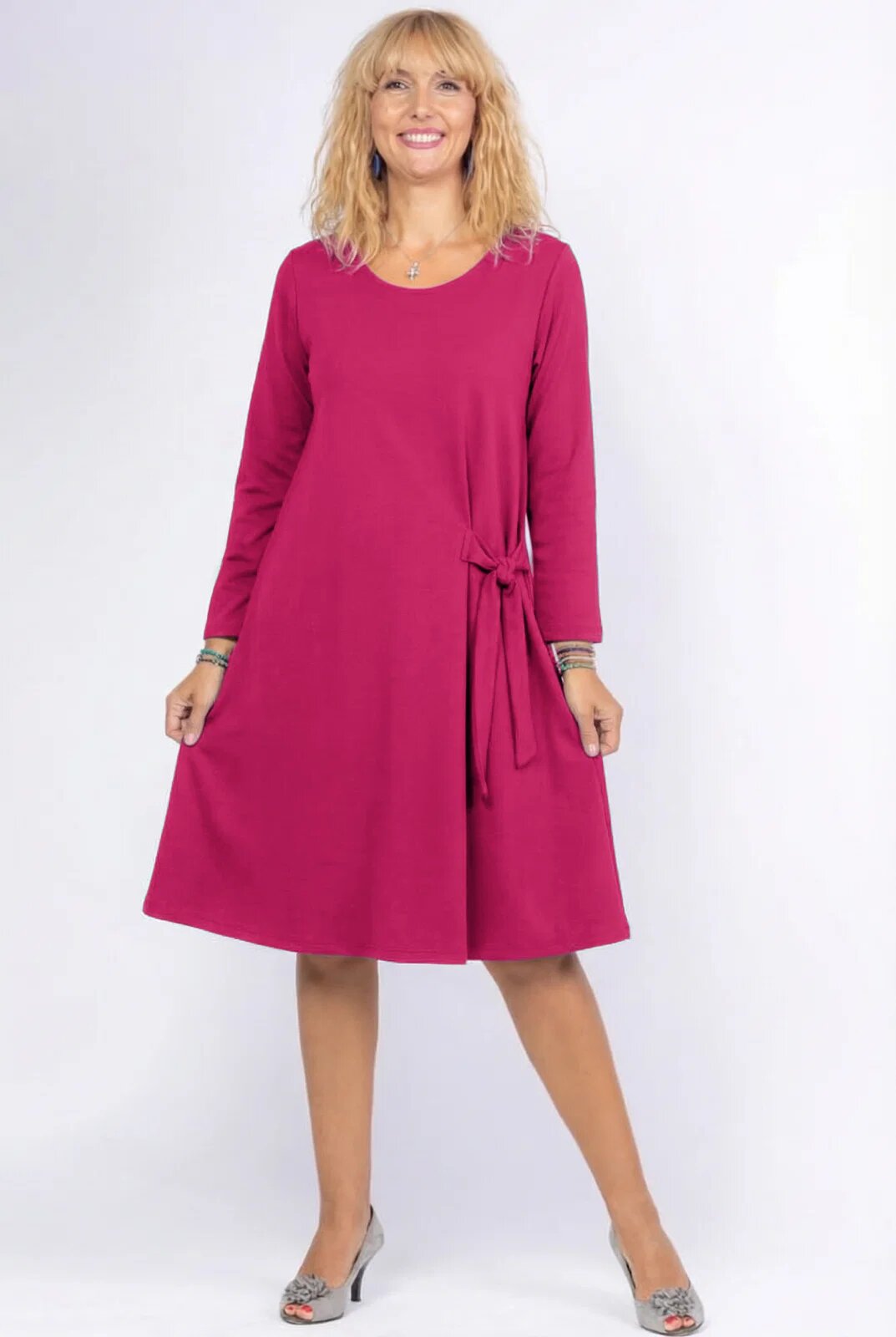 Pierino Rochie A line midi cu nod intr-o parte din vascoza moale fucsia